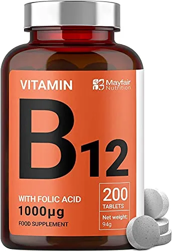 Vitamina B12 con Acido Folico - 200 Compresse da 1400mcg - Integratore per Vegetariani e Vegani - Senza Glutine e Non-GMO - Fornitura per 6 Mesi