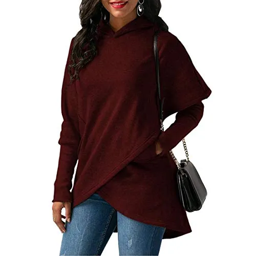 kefirlily Dolman Manica Lunga da Donna 2-in-1 Lungo Autunno Inverno Hoodie Pullover con Cappuccio Rosso S