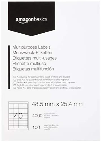Amazon Basics - Etichette Multiuso, 48.5mm x 25.4mm, 100 fogli, 40 etichette per foglio, 4000 etichette