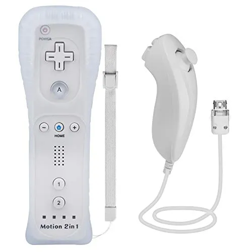 TechKen 2 In 1 Telecomando per Wii Motion Plus Remote Game Controller e Nunchuk Controller per Wii e Wii U con Custodia in Silicone e Cinturino da Polso (White)