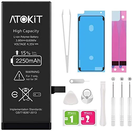 Atokit - Batteria di ricambio ad alta capacità originale da 2250 mAh, con astuccio per attrezzi e kit di riparazione, nastri adesivi, 100%