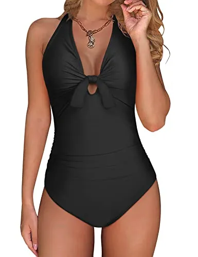 Vancavoo Costume da Bagno Intero Donna Push Up Scollo a V Costumi da Mare Interi Sexy Costumi Un Pezzo Vita Alta Controllo della Pancia Vintage Swimsuit Estate,Nero,XXL