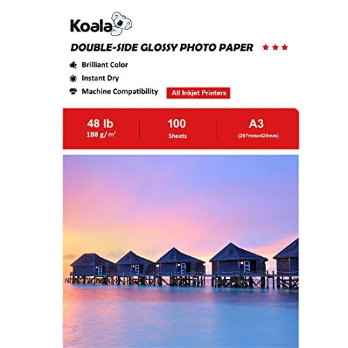 KOALA - Carta fotografica lucida fronte-retro per stampante a getto d'inchiostro，A3, 297x420 mm, 100 fogli, 180 g/m2