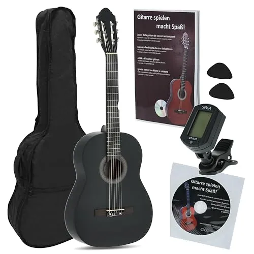 Navarrez NV12PK Starter Set chitarra classica nero 4/4, con Gig Bag/borsa, Libro con CD, Tuner,2 plettri