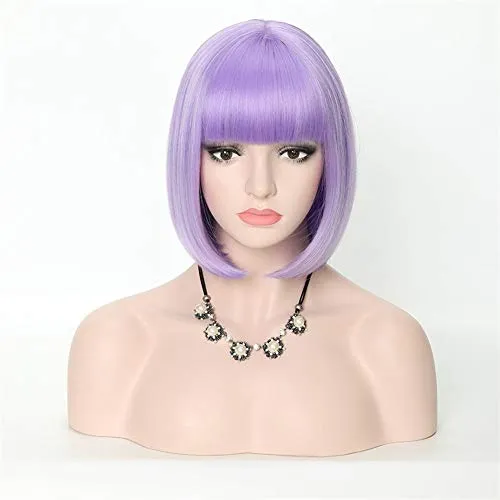 DER Parrucche Sintetiche Corte Corte con Frangia for Donna Parrucca in Costume Cosplay Resistente al Calore Nero Dritto 14 Colori (Color : Light Purple, Stretched Length : 12inches)