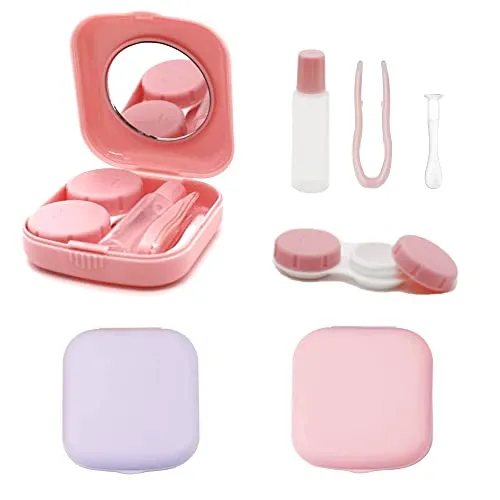 Set di 2 contenitori per lenti a contatto, da viaggio, con specchio, a prova di perdite, per la casa e i viaggi, Colore: rosa., Alla moda