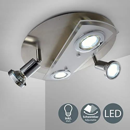 Plafoniera LED da soffitto con 4 faretti, include 4 lampadine LED GU10 3W, luca calda 3000K, lampada moderna da soffitto per illuminazione di interni, corpo metallo e vetro, forma rotonda Ø29cm, IP20