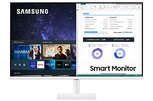 Samsung Smart Monitor M5 (S32AM503), Flat 32", 1920x1080 (Full HD), Piattaforma Smart TV (Amazon Video, Netflix), Airplay, Office 365, Wireless Dex, Casse Integrate, WiFi, HDMI, Bianco