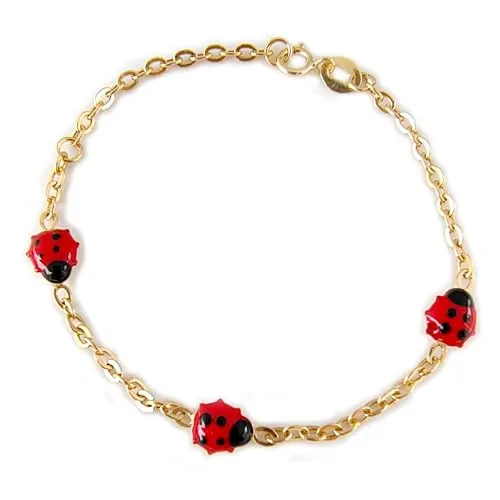 Gioielli Aurum - Bracciale Coccinella in Oro Giallo 14 kt. Braccialetto Bimba Bambina Ragazza Con Coccinelle Portafortuna Lunghezza 14,50 cm riducibile a 12, Regalo Perfetto per Nascita o Battesimo