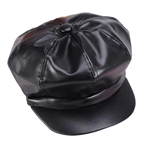 OULII Cappello Visiera Unisex Berretto Invernale PU Pelle Artificiale Ottagonale(Nero)