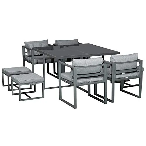 Outsunny Set con Tavolo 4 Sedie e 4 Sgabelli da Giardino, Salotto da Esterno in Alluminio, Grigio