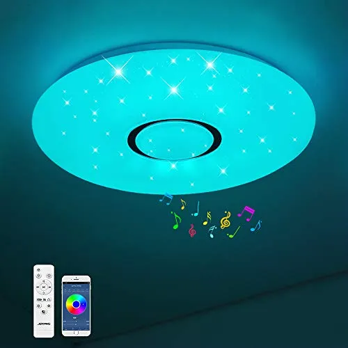 JDONG - Plafoniera Bluetooth 18 W Ø 30 cm, lampada da soffitto a LED con altoparlante, telecomando e app, JDONG RGB, cambia colore, dimmerabile, con stelle, impermeabile IP44