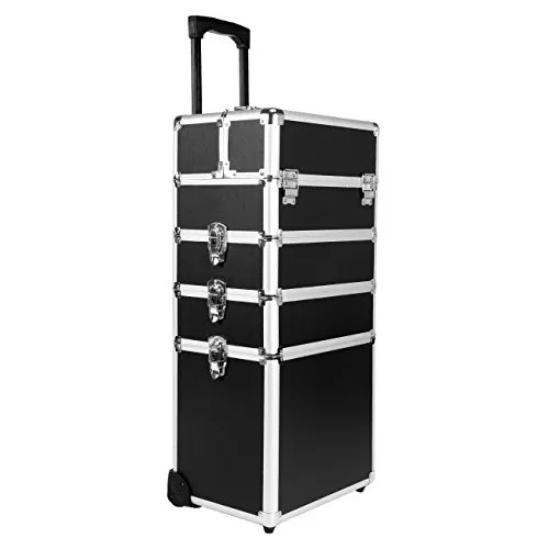 Paneltech 4 in 1 grande trucco bellezza Rolling Case Organizer Cosmetici Parrucchiere Lockable Storage Box Borsa professionale portatile Travel (Nero)