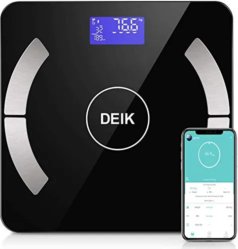 Deik Bilancia Pesa Persona Digitale, Bluetooth Bilancia Pesapersone con Display Retroilluminato, per iOS&Android Intelligente con Analisi Composizione Corporea Inclusi Peso, Grasso, Acqua, BMI, ECC