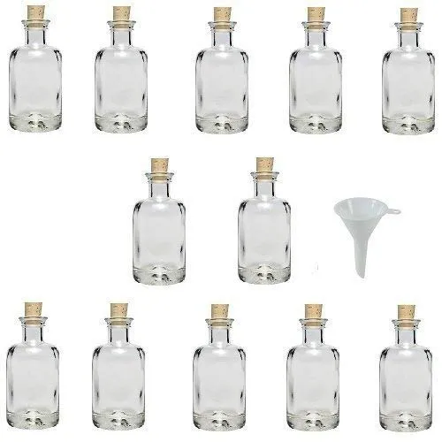 Viva Haushaltswaren - 12 bottiglie piccole da farmacia in vetro con tappo in sughero da riempire autonomamente, capacità 100 ml, imbuto con diametro da 5 cm incluso