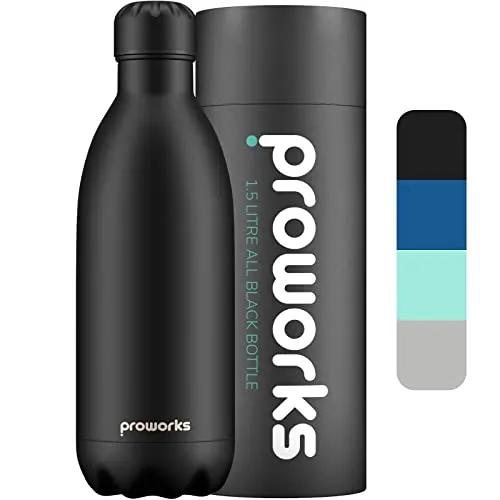PROWORKS Bottiglia Acqua in Acciaio Inox, Senza BPA Vuoto Isolato Borraccia Termica in Metallo per Bevande Calde per 12 Ore & Fredde 24 Ore, Borraccia per Sport e Palestra - 1.5 Litre - all Black