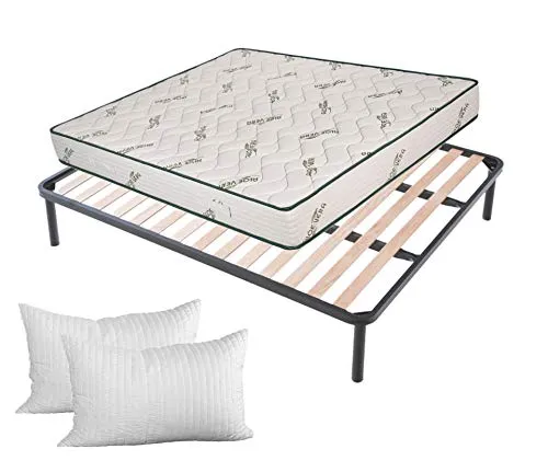 EVERGREENWEB Kit Rete e Materasso Matrimoniale 180x195 Aloe Vera Alto 20 cm con Coppia Cuscini Memory Foam Gratis Set Letto Materasso Effetto Massaggiante e Rete a Doghe Legno Ortopedica Offerta