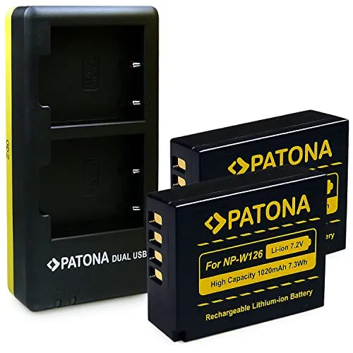 PATONA Caricabatteria Doppio con 2x Batteria NP-W126 Compatibile con Fujifilm FinePix HS30EXR, HS33EXR, HS50EXR, X-T20, X-H1