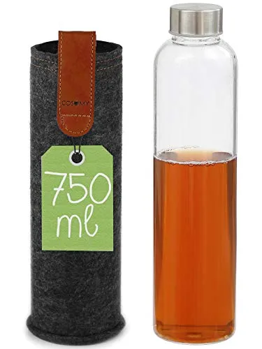 Bottiglia Termica di Vetro 750ml - Con Custodia e Tappo in Acciaio Inox - Portatile - Per Acqua, Bevande Calde e Fredde