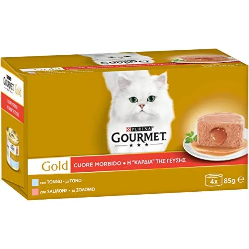 Purina Gourmet Gold Cibo Umido per Gatti Adulti, Cuore Morbido con Tonno, Salmone, 48 Lattine da 85 g Ciascuna, 12 Confezioni da 4 x 85g