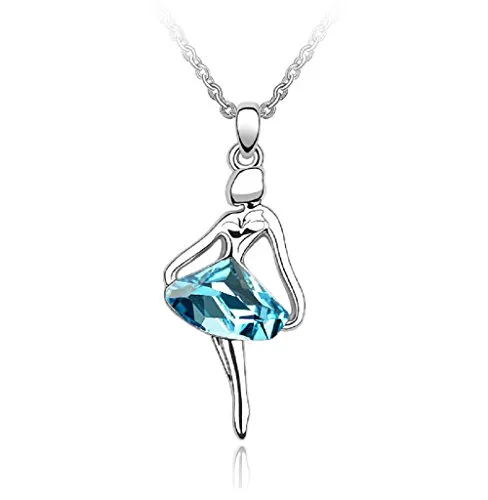 Collana placcata in oro bianco da 18 kt con ciondolo a forma di ballerina con cristallo Swarovski in acquamarina blu, 45,72 cm, per donne