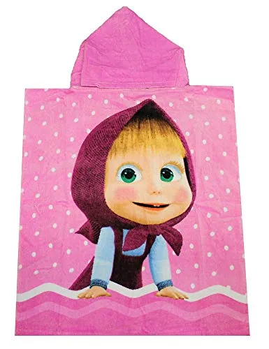 Poncho per bambini Masha e Orso con cappuccio rosa 50 x 115 cm, realizzato in 100% cotone, Oeko Tex Standard 100