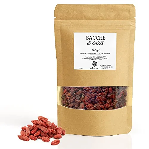 ERBOTECH Bacche di Goji Busta da 200 g, Goji Berries ad Alto Contenuto di Vitamine, Frutta Secca senza Zucchero e Senza Zolfo, Superfood Naturale e Ricco di energia, Made in Italy