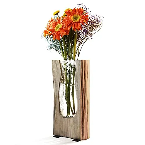 Ulif Vaso a bulbo con Supporto in Legno Vintage per Piante idroponiche Vaso da Fiori in Vetro per la Decorazione Domestica