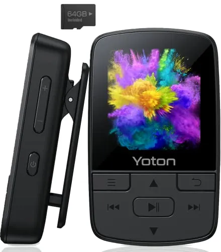 YOTON Lettore MP3 64 GB, Lettore MP3 Bluetooth 5.0 con Clip, Suono HiFi, Radio FM, Contapassi, Registratore Vocale, Scheda TF da 64 GB Inclusa（Supporto massimo per scheda di memoria da 128 GB）