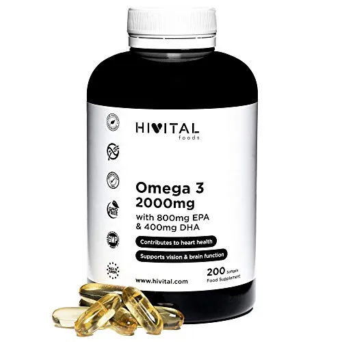 Omega 3 2000 mg | 200 capsule per più di 3 mesi | Con 800 mg di EPA, 400 mg di DHA e Vitamina E. L'unico con Olio di Pesce Italiano che contribuisce alla salute del cuore, del cervello e degli occhi