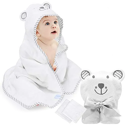 Eccomum Asciugamano da Bagno Con Cappuccio Bambini, Accappatoio Neonato, 100% Fibra in Bambù Organico, Regalo Neonato - 90 CM x 90 CM - con Due Piccoli Fazzoletti, Carina Design Orso, Unisex