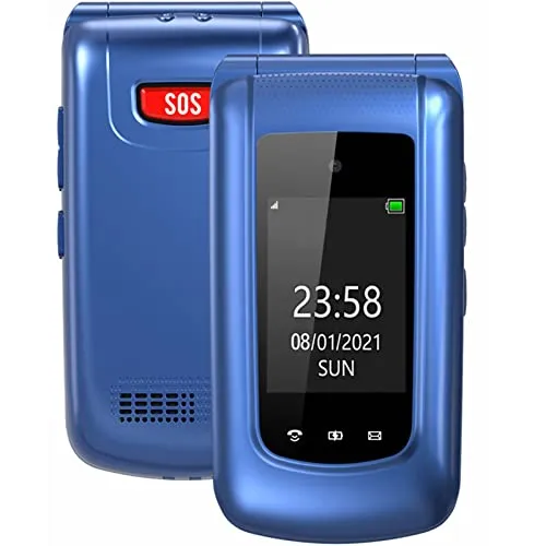 GSM Telefono Cellulare per Anziani,Flip Telefoni Cellulari Tasti Grandi,Volume alto,Funzione SOS, 2.4"+1.77" Doppio display,Pantalla 2.4(Blu)…