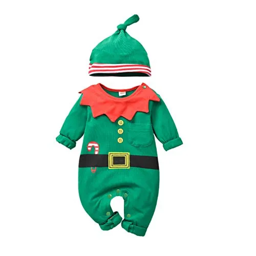 T TALENTBABY - Costume da elfo natalizio per bambini e bambine, con stampa cintura e fascia + cappello a strisce, costume da elfo, colore: verde e rosso, 0-3 mesi