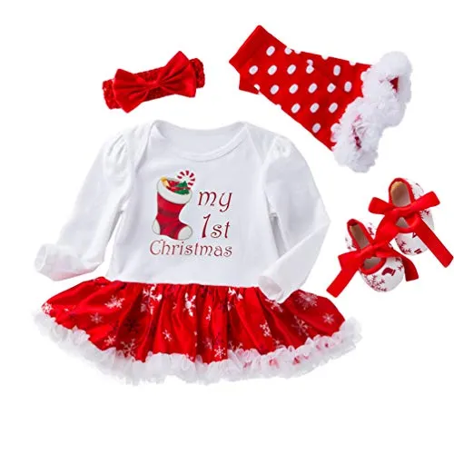 YuanDian Bebè Bambina 4pcs Natale Costume Completini Set Partito Vestiti Neonato Battesimo Babbo Natale Abbigliamento Natalizio Tutina Abiti + Fascia + Leggings Caldo + Scarpa 1# Calzino 0-3 Mesi