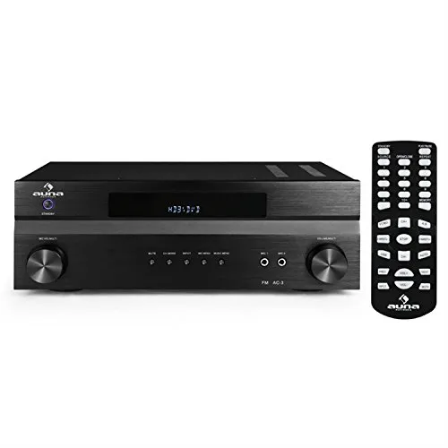 AUNA AV2-H338 - Ricevitore surround , Amplificatore stereo , 1200 W , Ingresso 3 x HDMI , Uscita HDMI 1 x , Ingresso linea 2 , Ricevitore radio 40 memorie , Frontale acciaio inox spazzolato , nero