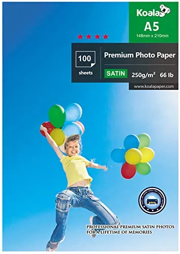 KOALA - Carta fotografica Satinata A5, 250 g/m², 100 fogli con rivestimento in resina satinata avanzata per stampanti a getto d'inchiostro Canon Hp Epson