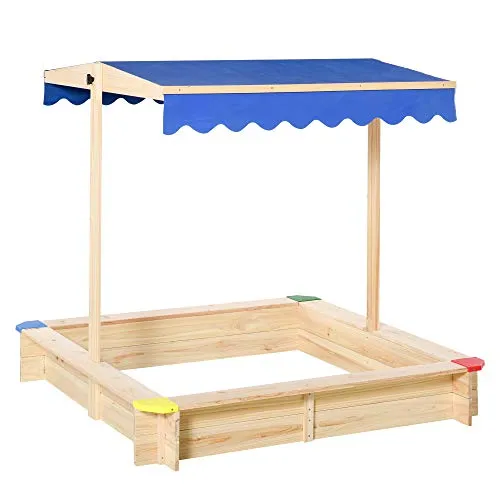 Outsunny Sabbiera per Bambini in Legno con Panca e Tettuccio Parasole Regolabile, 120x120x120cm, Colore Legno e Blu