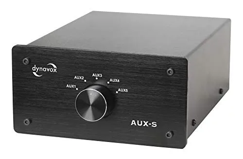 Dynavox AUX-S - Commutatore di prolunga in ingresso in metallo con 5 ingressi RCA, per amplificatori stereo e surround, colore: Nero