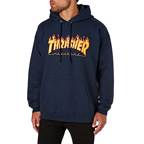 Thrasher - Felpa da uomo con logo “in fiamme”, Uomo, Maglia di tuta, 113102M/NY, Blu mare, M