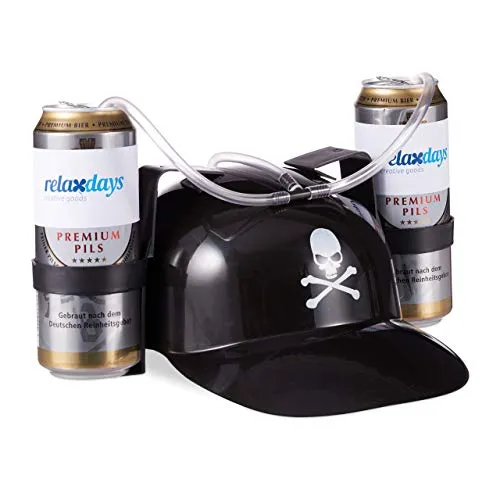 relaxdays Cappello Porta Birra da Pirata, Elmetto con Cannuccia, per 2 Lattine, Gadget per Carnevale, Calcio Feste, Nero