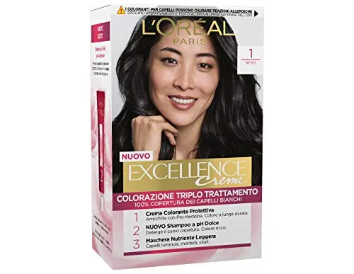 L'Oréal Paris Tinta Capelli Excellence, Copre i Capelli Bianchi, Colore Ricco, Luminoso e a Lunga Durata, 1 Nero, Confezione da 1