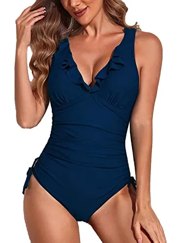 Yutdeng Costume da Bagno Intero Curvy da Donna Costume da Bagno con Sexy Scollo a V con Volant Vita Alta Ruched Controllo della Pancia Push Up Bikini Mare Costumi Donna Mare Un Pezzo,Navy Blu,XXL