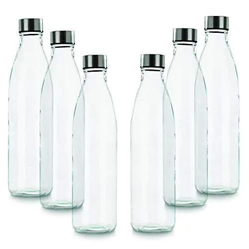 BrandPrint, Set di 6 Bottiglie in Vetro per Acqua Modello Ermes 1 Litro con Tappo a Vite in Acciaio Inox. Per Bevande e Succhi