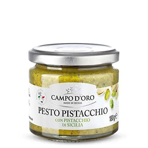 CAMPO D'ORO | PESTO DI PISTACCHIO 180 GR | Specialità siciliane per ricette, sugo pronto siciliano prodotto con Pistacchi Siciliani tritati con un pizzico di sale e olio. 100% Made in Italy