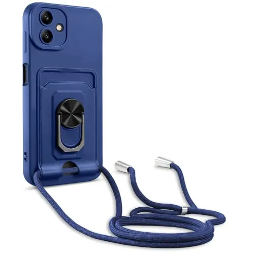 Haygdz Cover Compatibile con Samsung Galaxy A04/M13 5G, Slot Schede, 360°Magnetica Anello Supporto [Protezione Fotocamera] Cordino Collana Necklace Silicone Case, Blu