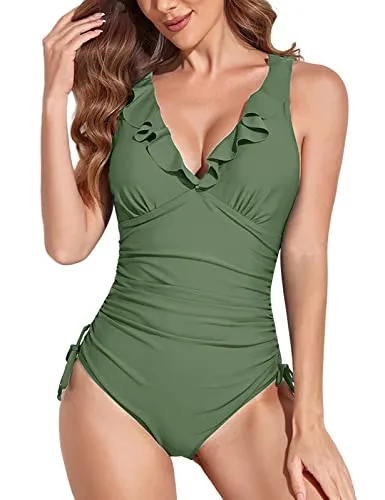 UMIPUBO Costume da Bagno Intero Donna Scollo A V Volant Costumi da Mare Interi Push Up Vita Alta Controllo della Pancia Bikini Costumi Un Pezzo Spiaggia Beachwear Swimwear (Verde, XXL)