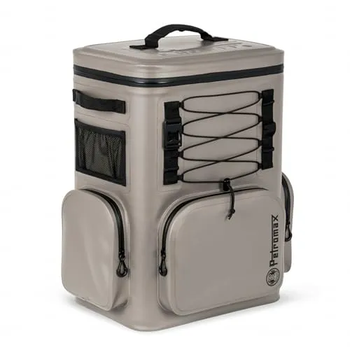 Petromax Zaino frigorifero 27 litri | 8 giorni di raffreddamento passivo | Cuscino schienale | stabile, impermeabile e a prova di perdite, leggero ed ergonomico | Apribottiglie (sabbia)