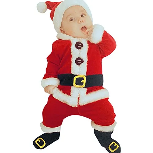 baohooya Natale Costume Bambino Neonato 6-24 Mesi,4 PCS Ragazza Ragazzo Babbo Top + Pantaloni + Cappello + Calzini Set Carina Partito Vestito Pigiami Regalo di Natale (12 Mesi, Rosso)