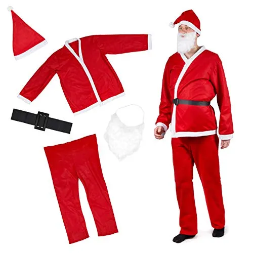 5 Pezzi Costume Babbo Natale Uomo| Cappello, Cintura, Pantaloni, Giacca, Barba| Resistente e Comodo da Indossare| Vestito Babbo Natale, Costume di Natale, Festa.