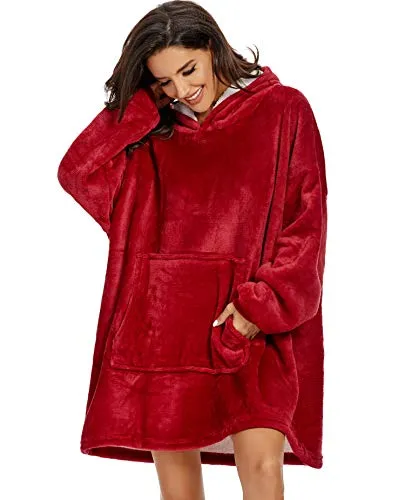 Vecys Felpa Coperta Felpa con Cappuccio Oversize Calda Felpa con Coperta Sherpa Felpa con Cappuccio per Adulti Uomo Donna Adolescenti (Rosso)